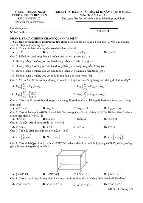 Đề thi Giữa kì 2 Toán 11 năm 2025-2026 trường THPT Duy Tân (Quảng Ngãi)